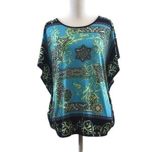 Chico's Blue Batik Blouse Womens 0 Small Dolman Sleeve‎ Top